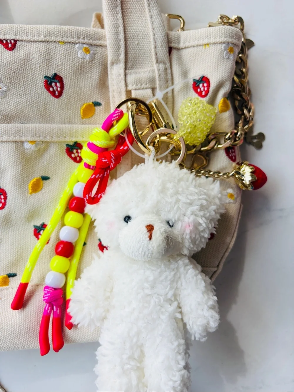 NWT Madden Girl Embroidered Canvas Mini Tote with Bag Charms, Strawberry & Lemon
